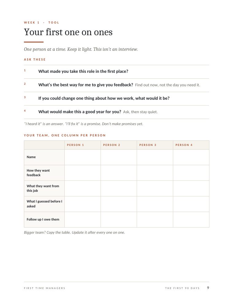 One on one question list and a team tracker table to fill in