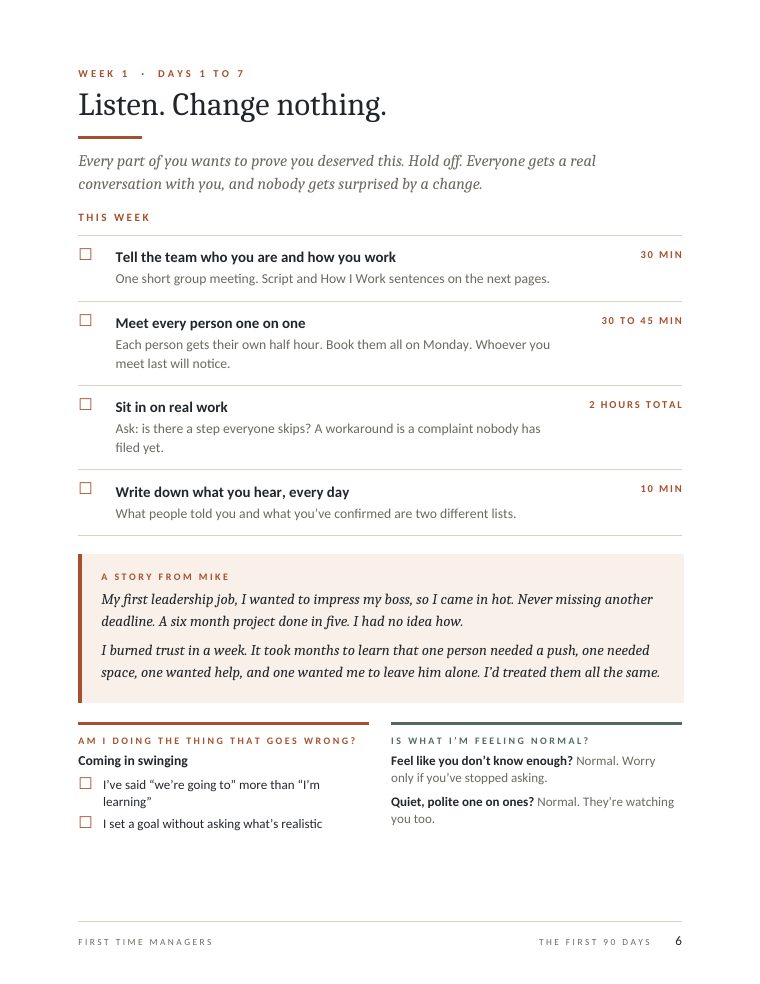 Week 1 page of the workbook with a checklist and a story