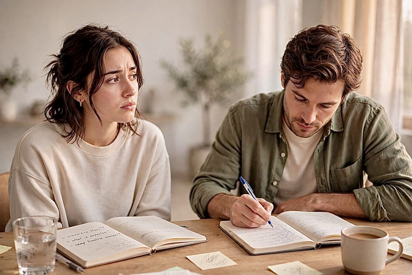 Two people at a kitchen table, notebooks open, working through onboarding notes with coffee and water nearby.